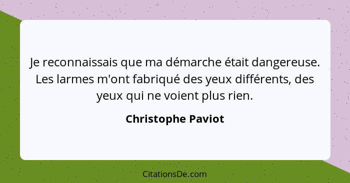 Je reconnaissais que ma démarche était dangereuse. Les larmes m'ont fabriqué des yeux différents, des yeux qui ne voient plus rien... - Christophe Paviot