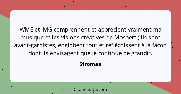 WME et IMG comprennent et apprécient vraiment ma musique et les visions créatives de Mosaert ; ils sont avant-gardistes, englobent tout... - Stromae