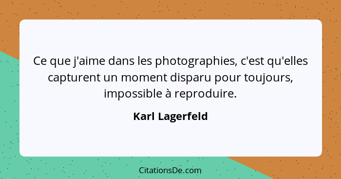 Ce que j'aime dans les photographies, c'est qu'elles capturent un moment disparu pour toujours, impossible à reproduire.... - Karl Lagerfeld