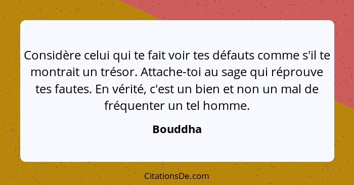 Considère celui qui te fait voir tes défauts comme s'il te montrait un trésor. Attache-toi au sage qui réprouve tes fautes. En vérité, c'est... - Bouddha