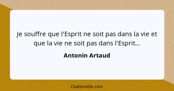 Je souffre que l'Esprit ne soit pas dans la vie et que la vie ne soit pas dans l'Esprit...... - Antonin Artaud