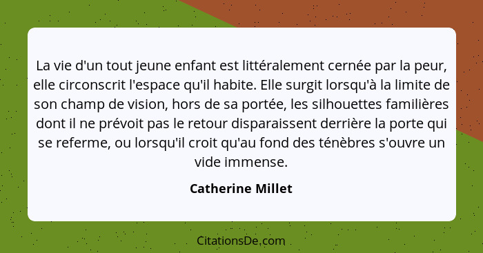 La vie d'un tout jeune enfant est littéralement cernée par la peur, elle circonscrit l'espace qu'il habite. Elle surgit lorsqu'à la... - Catherine Millet