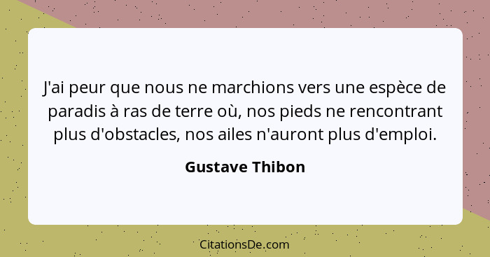 J'ai peur que nous ne marchions vers une espèce de paradis à ras de terre où, nos pieds ne rencontrant plus d'obstacles, nos ailes n'... - Gustave Thibon