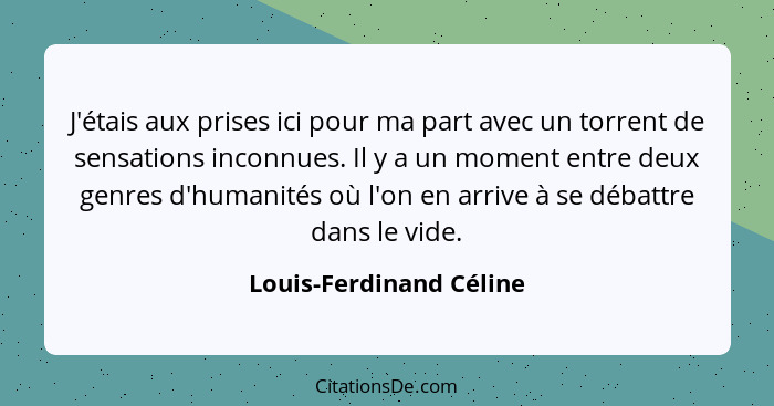 J'étais aux prises ici pour ma part avec un torrent de sensations inconnues. Il y a un moment entre deux genres d'humanités o... - Louis-Ferdinand Céline