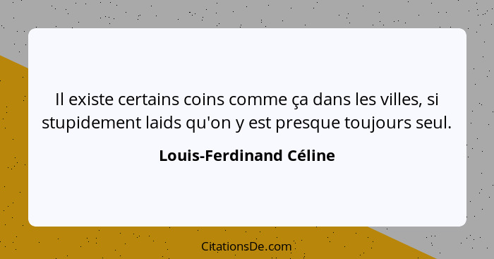 Il existe certains coins comme ça dans les villes, si stupidement laids qu'on y est presque toujours seul.... - Louis-Ferdinand Céline