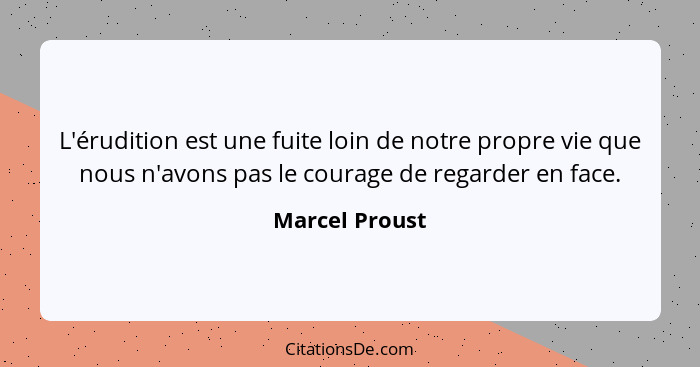 L'érudition est une fuite loin de notre propre vie que nous n'avons pas le courage de regarder en face.... - Marcel Proust