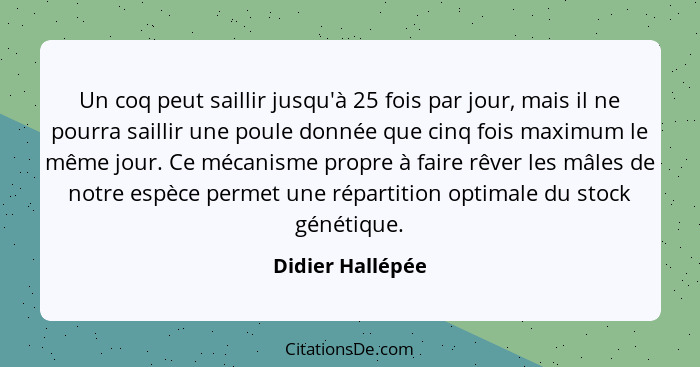 Un coq peut saillir jusqu'à 25 fois par jour, mais il ne pourra saillir une poule donnée que cinq fois maximum le même jour. Ce méca... - Didier Hallépée