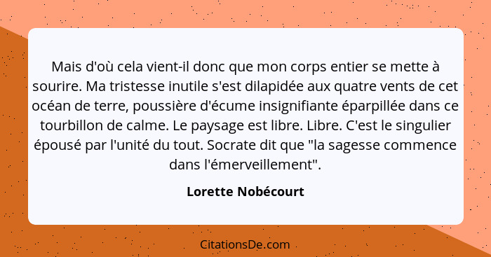 Mais d'où cela vient-il donc que mon corps entier se mette à sourire. Ma tristesse inutile s'est dilapidée aux quatre vents de cet... - Lorette Nobécourt