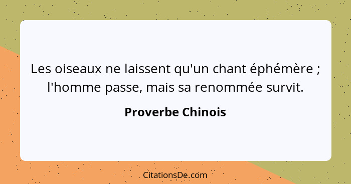 Les oiseaux ne laissent qu'un chant éphémère ; l'homme passe, mais sa renommée survit.... - Proverbe Chinois