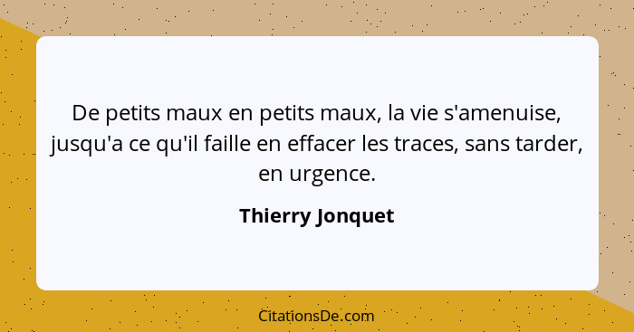 De petits maux en petits maux, la vie s'amenuise, jusqu'a ce qu'il faille en effacer les traces, sans tarder, en urgence.... - Thierry Jonquet