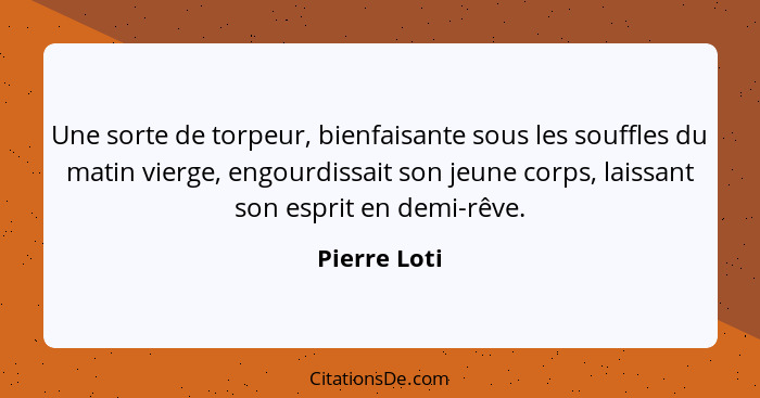 Une sorte de torpeur, bienfaisante sous les souffles du matin vierge, engourdissait son jeune corps, laissant son esprit en demi-rêve.... - Pierre Loti