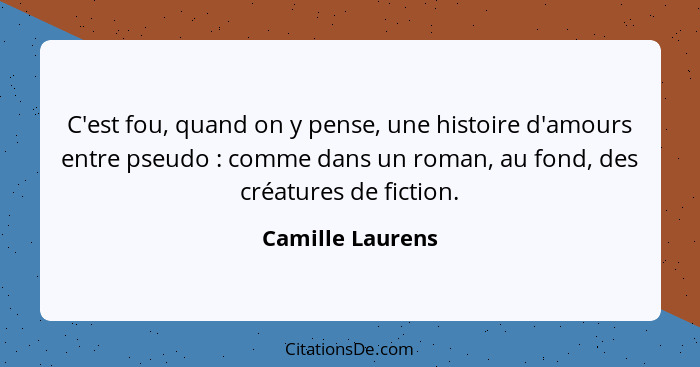 C'est fou, quand on y pense, une histoire d'amours entre pseudo : comme dans un roman, au fond, des créatures de fiction.... - Camille Laurens