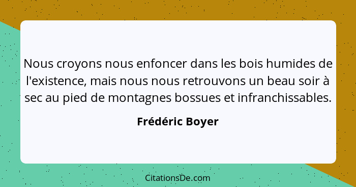 Nous croyons nous enfoncer dans les bois humides de l'existence, mais nous nous retrouvons un beau soir à sec au pied de montagnes bo... - Frédéric Boyer