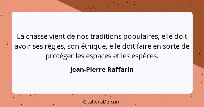 La chasse vient de nos traditions populaires, elle doit avoir ses règles, son éthique, elle doit faire en sorte de protéger les... - Jean-Pierre Raffarin