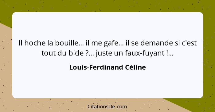 Il hoche la bouille... il me gafe... il se demande si c'est tout du bide ?... juste un faux-fuyant !...... - Louis-Ferdinand Céline