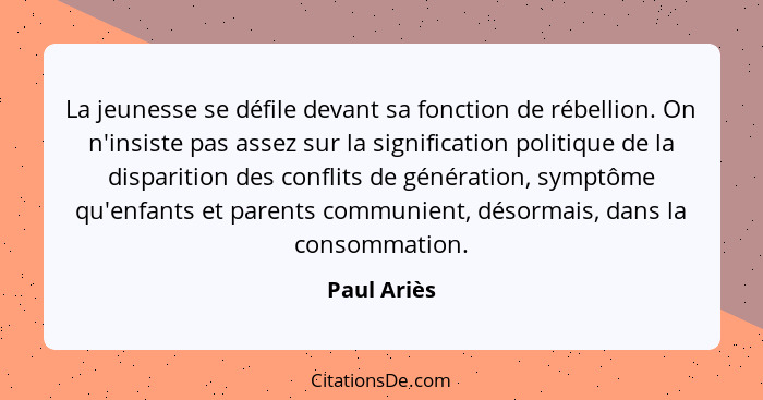 La jeunesse se défile devant sa fonction de rébellion. On n'insiste pas assez sur la signification politique de la disparition des confli... - Paul Ariès