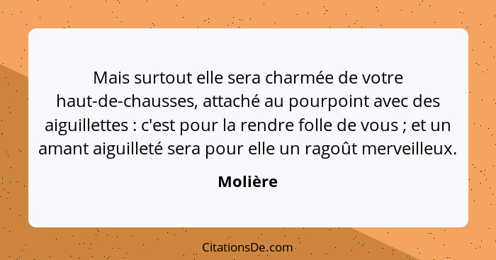 Mais surtout elle sera charmée de votre haut-de-chausses, attaché au pourpoint avec des aiguillettes : c'est pour la rendre folle de vo... - Molière