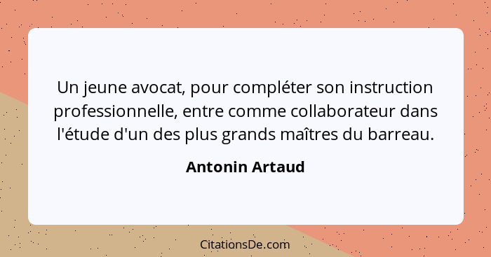 Un jeune avocat, pour compléter son instruction professionnelle, entre comme collaborateur dans l'étude d'un des plus grands maîtres... - Antonin Artaud