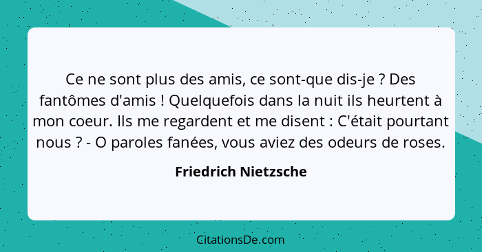 Ce ne sont plus des amis, ce sont-que dis-je ? Des fantômes d'amis ! Quelquefois dans la nuit ils heurtent à mon coeur... - Friedrich Nietzsche