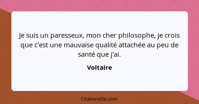 Je suis un paresseux, mon cher philosophe, je crois que c'est une mauvaise qualité attachée au peu de santé que j'ai.... - Voltaire