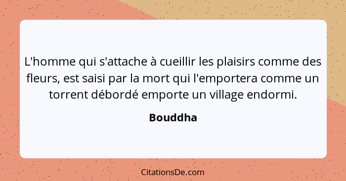 L'homme qui s'attache à cueillir les plaisirs comme des fleurs, est saisi par la mort qui l'emportera comme un torrent débordé emporte un vi... - Bouddha