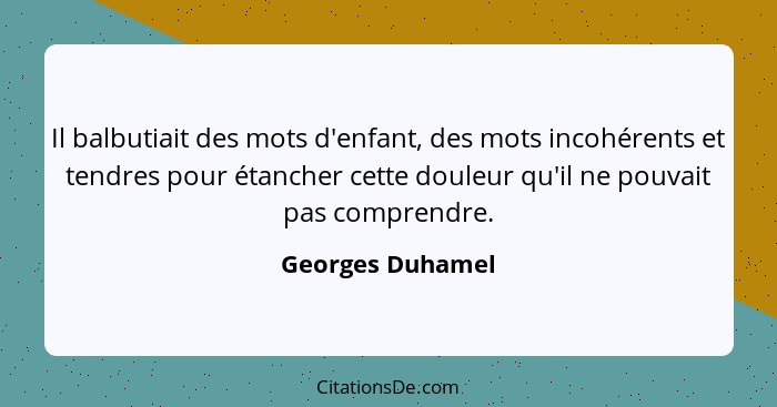 Il balbutiait des mots d'enfant, des mots incohérents et tendres pour étancher cette douleur qu'il ne pouvait pas comprendre.... - Georges Duhamel