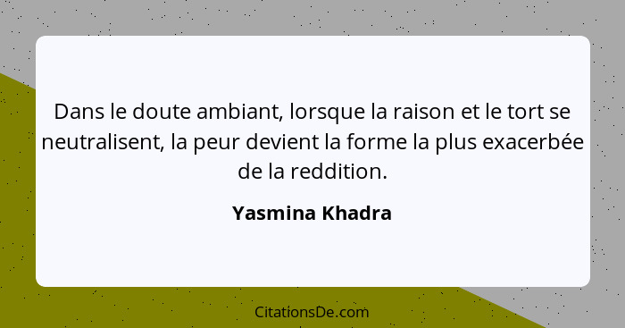 Dans le doute ambiant, lorsque la raison et le tort se neutralisent, la peur devient la forme la plus exacerbée de la reddition.... - Yasmina Khadra