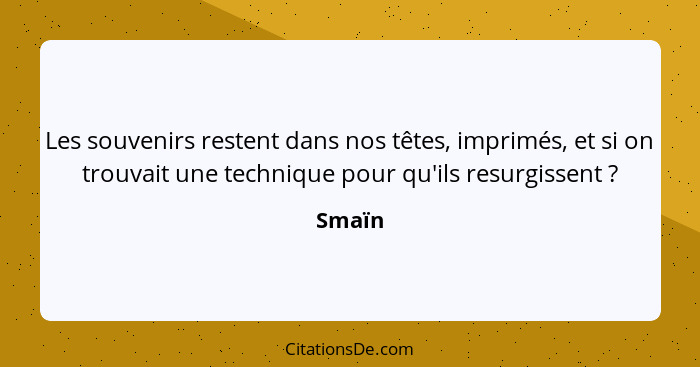 Les souvenirs restent dans nos têtes, imprimés, et si on trouvait une technique pour qu'ils resurgissent ?... - Smaïn