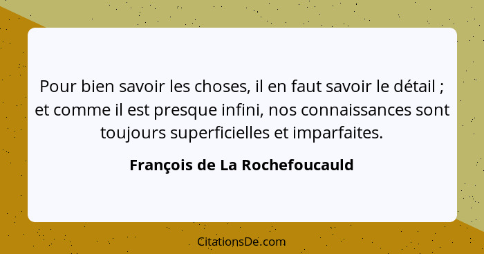 Pour bien savoir les choses, il en faut savoir le détail ; et comme il est presque infini, nos connaissances sont... - François de La Rochefoucauld