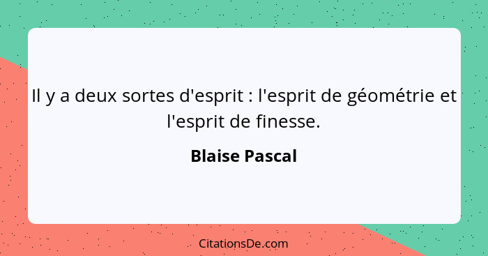 Il y a deux sortes d'esprit : l'esprit de géométrie et l'esprit de finesse.... - Blaise Pascal