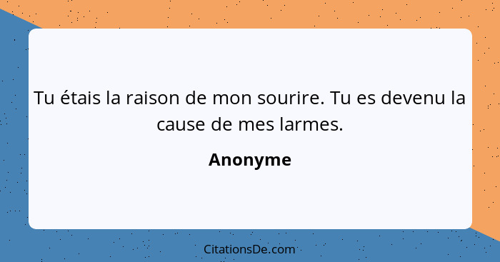 Tu étais la raison de mon sourire. Tu es devenu la cause de mes larmes.... - Anonyme