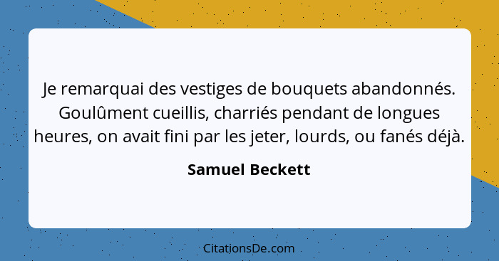 Je remarquai des vestiges de bouquets abandonnés. Goulûment cueillis, charriés pendant de longues heures, on avait fini par les jeter... - Samuel Beckett