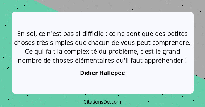 En soi, ce n'est pas si difficile : ce ne sont que des petites choses très simples que chacun de vous peut comprendre. Ce qui f... - Didier Hallépée