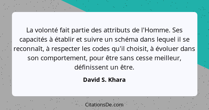 La volonté fait partie des attributs de l'Homme. Ses capacités à établir et suivre un schéma dans lequel il se reconnaît, à respecter... - David S. Khara