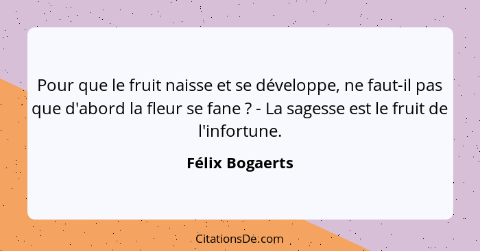 Pour que le fruit naisse et se développe, ne faut-il pas que d'abord la fleur se fane ? - La sagesse est le fruit de l'infortune... - Félix Bogaerts