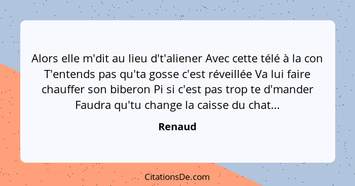 Alors elle m'dit au lieu d't'aliener Avec cette télé à la con T'entends pas qu'ta gosse c'est réveillée Va lui faire chauffer son biberon Pi... - Renaud