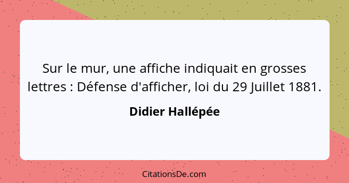 Sur le mur, une affiche indiquait en grosses lettres : Défense d'afficher, loi du 29 Juillet 1881.... - Didier Hallépée