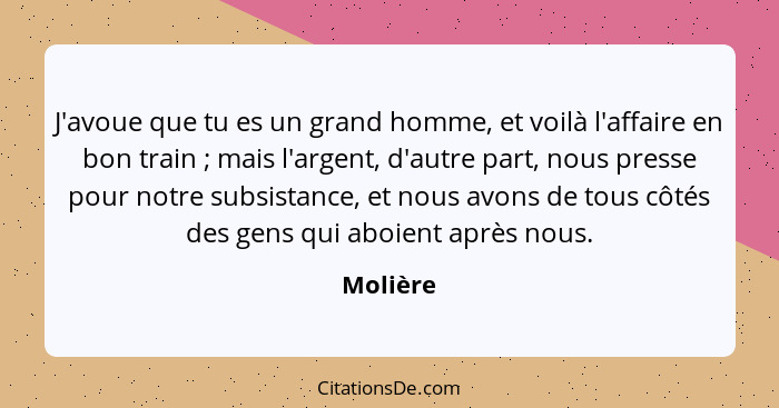 J'avoue que tu es un grand homme, et voilà l'affaire en bon train ; mais l'argent, d'autre part, nous presse pour notre subsistance, et... - Molière