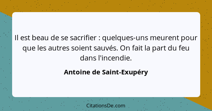 Il est beau de se sacrifier : quelques-uns meurent pour que les autres soient sauvés. On fait la part du feu dans l'in... - Antoine de Saint-Exupéry