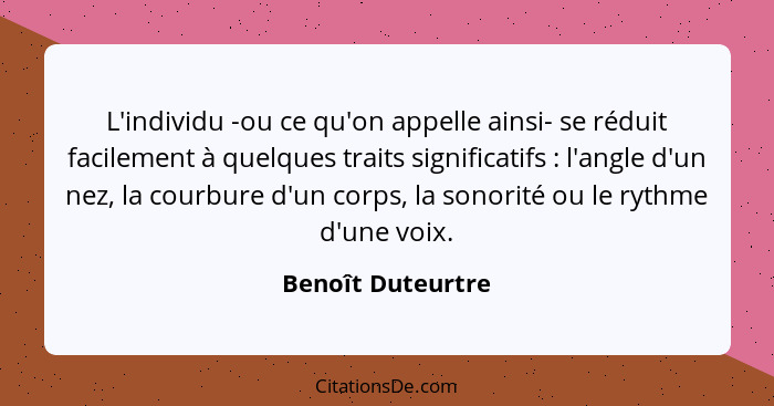 L'individu -ou ce qu'on appelle ainsi- se réduit facilement à quelques traits significatifs : l'angle d'un nez, la courbure d'... - Benoît Duteurtre