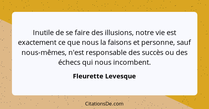 Inutile de se faire des illusions, notre vie est exactement ce que nous la faisons et personne, sauf nous-mêmes, n'est responsabl... - Fleurette Levesque