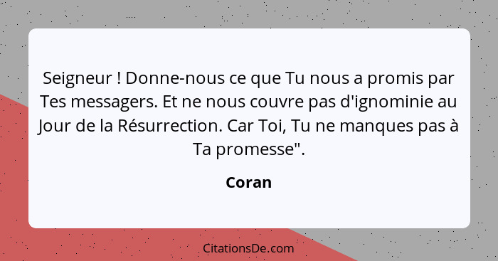 Seigneur ! Donne-nous ce que Tu nous a promis par Tes messagers. Et ne nous couvre pas d'ignominie au Jour de la Résurrection. Car Toi, T... - Coran