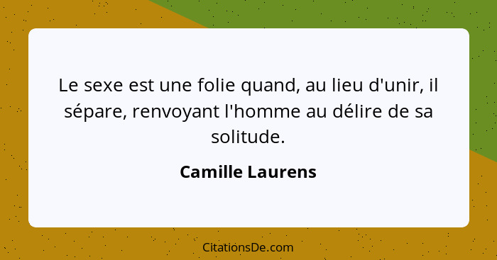 Le sexe est une folie quand, au lieu d'unir, il sépare, renvoyant l'homme au délire de sa solitude.... - Camille Laurens