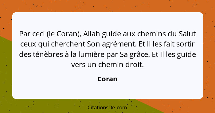 Par ceci (le Coran), Allah guide aux chemins du Salut ceux qui cherchent Son agrément. Et Il les fait sortir des ténèbres à la lumière par Sa... - Coran