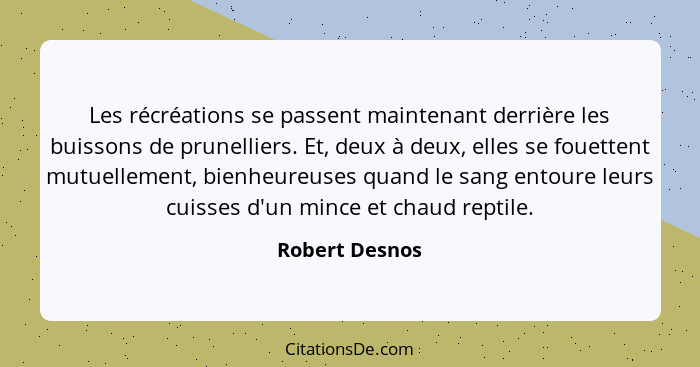 Les récréations se passent maintenant derrière les buissons de prunelliers. Et, deux à deux, elles se fouettent mutuellement, bienheur... - Robert Desnos