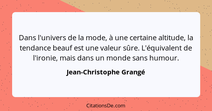 Dans l'univers de la mode, à une certaine altitude, la tendance beauf est une valeur sûre. L'équivalent de l'ironie, mais dan... - Jean-Christophe Grangé