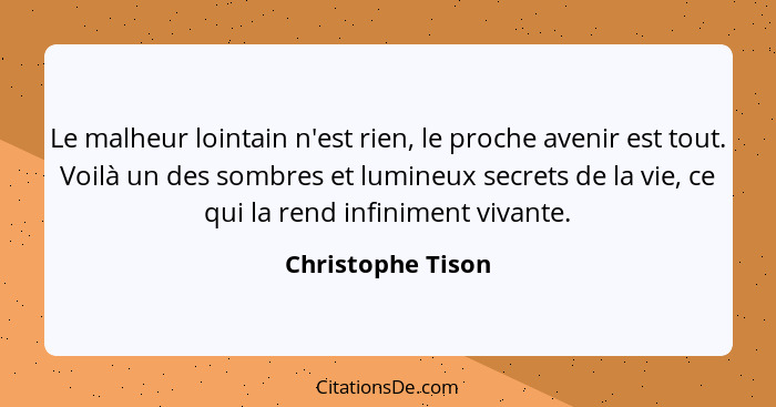 Le malheur lointain n'est rien, le proche avenir est tout. Voilà un des sombres et lumineux secrets de la vie, ce qui la rend infin... - Christophe Tison