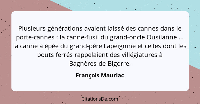 Plusieurs générations avaient laissé des cannes dans le porte-cannes : la canne-fusil du grand-oncle Ousilanne ... la canne à... - François Mauriac