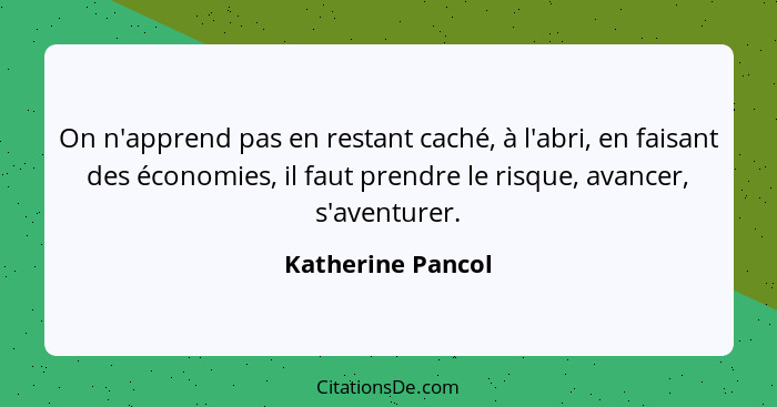 On n'apprend pas en restant caché, à l'abri, en faisant des économies, il faut prendre le risque, avancer, s'aventurer.... - Katherine Pancol