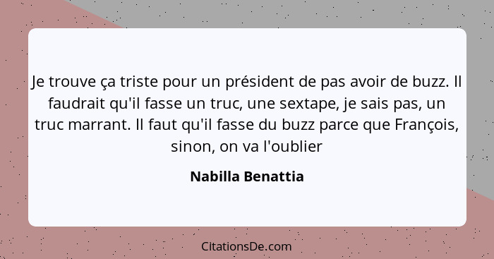 Je trouve ça triste pour un président de pas avoir de buzz. Il faudrait qu'il fasse un truc, une sextape, je sais pas, un truc marr... - Nabilla Benattia